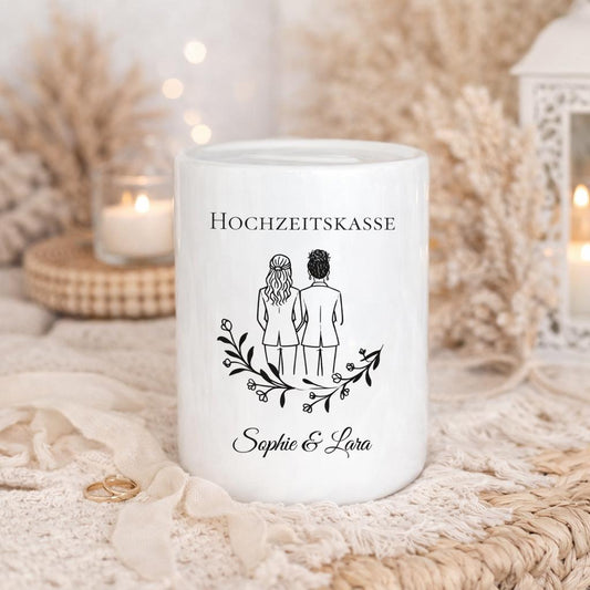 Personalized Wedding Money Box Lesbian Couple, Wedding Piggy Bank Custom Names Date, Bride Gift, Same Sex Wedding Gift, Boho Wedding Decor