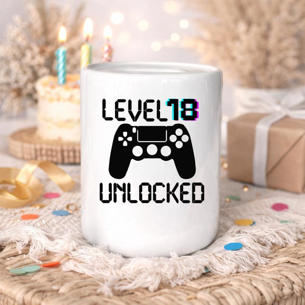 Personalised 18th Birthday Money Box | Gaming Gift with Age & Name | Money Box for Teenagers | Level Up Gift for Boys and Girls