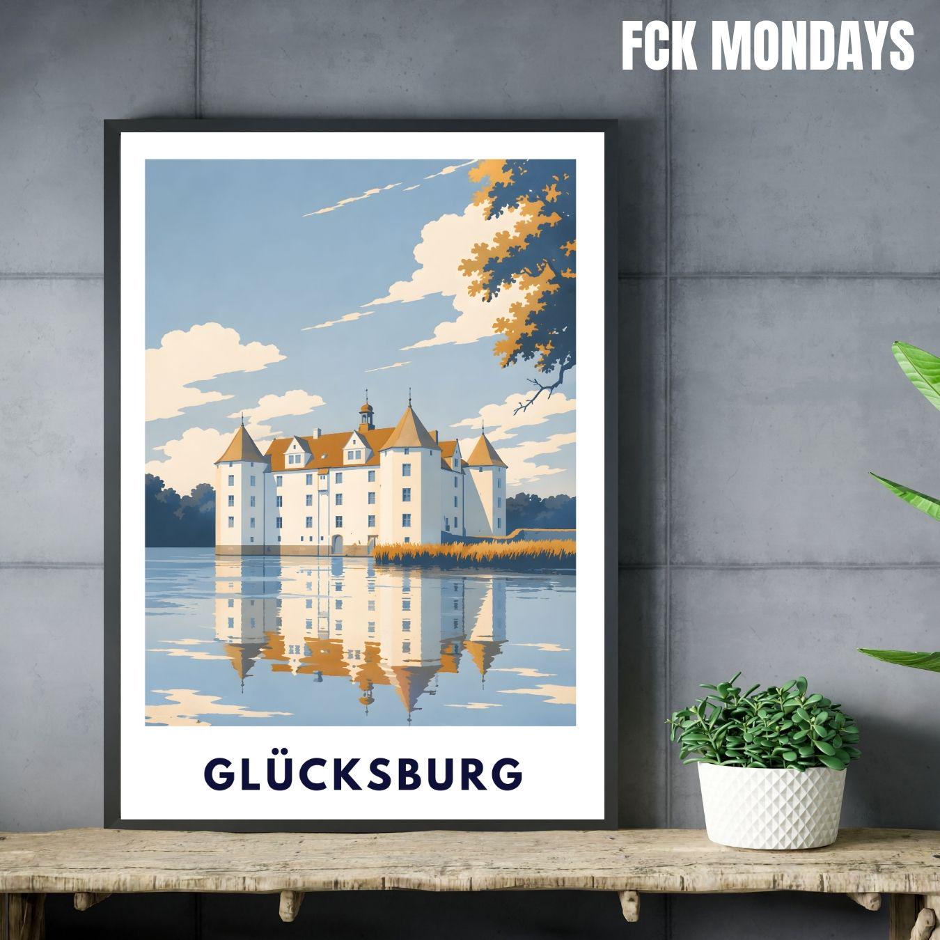 Glücksburg Poster Schloss Print Skandinavische Wandkunst Minimalistisches Landschaftsposter Deutschland Norddeutschland Deko Illustration