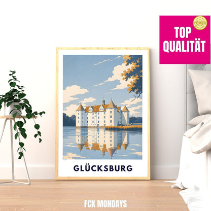 Glücksburg Poster Schloss Print Skandinavische Wandkunst Minimalistisches Landschaftsposter Deutschland Norddeutschland Deko Illustration