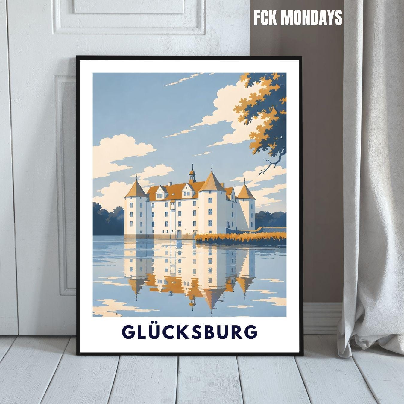 Glücksburg Poster Schloss Print Skandinavische Wandkunst Minimalistisches Landschaftsposter Deutschland Norddeutschland Deko Illustration