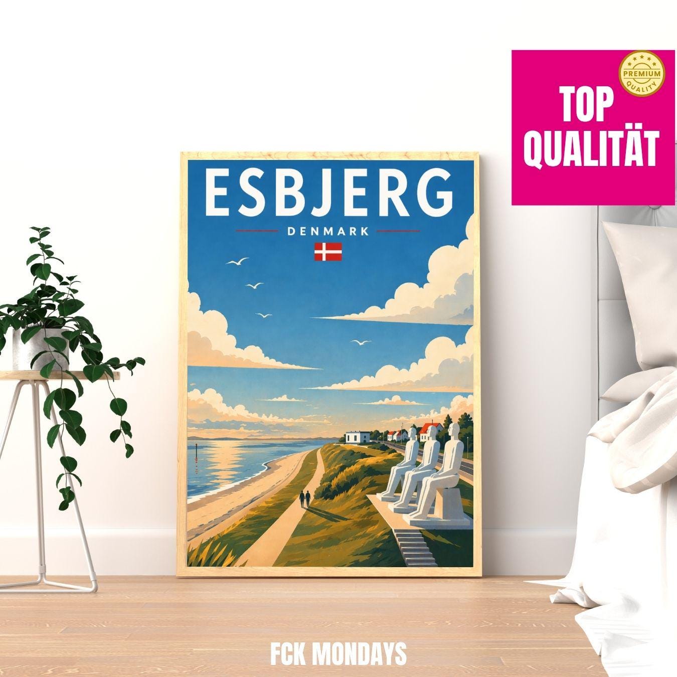 Esbjerg Poster Der Mensch am Meer – Dänemark Küstenposter – Skandinavische Wandkunst – Nordsee Sehnsucht – Travel Print Illustration Plakat