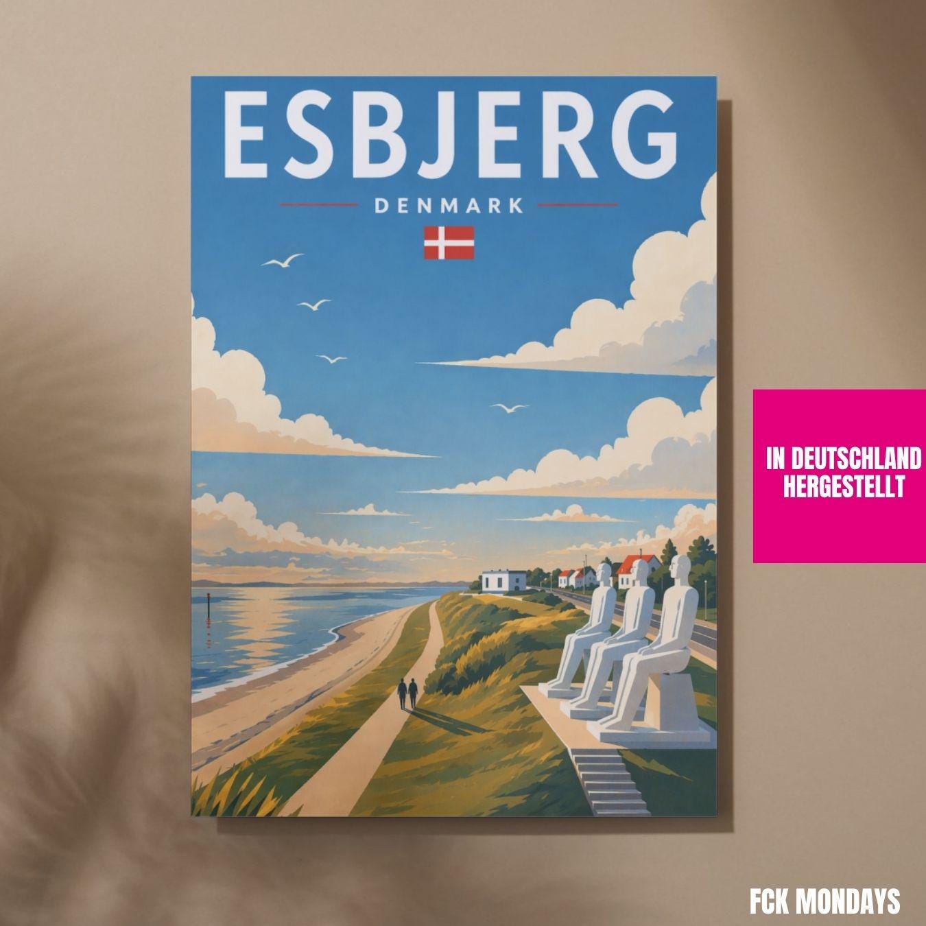 Esbjerg Poster Der Mensch am Meer – Dänemark Küstenposter – Skandinavische Wandkunst – Nordsee Sehnsucht – Travel Print Illustration Plakat