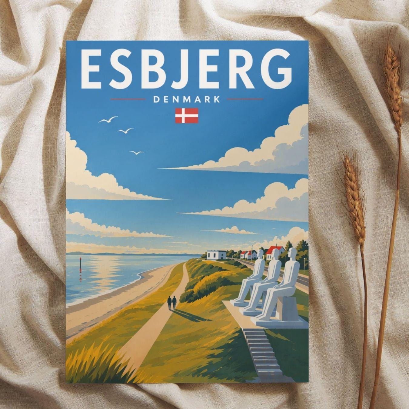 Esbjerg Poster Der Mensch am Meer – Dänemark Küstenposter – Skandinavische Wandkunst – Nordsee Sehnsucht – Travel Print Illustration Plakat