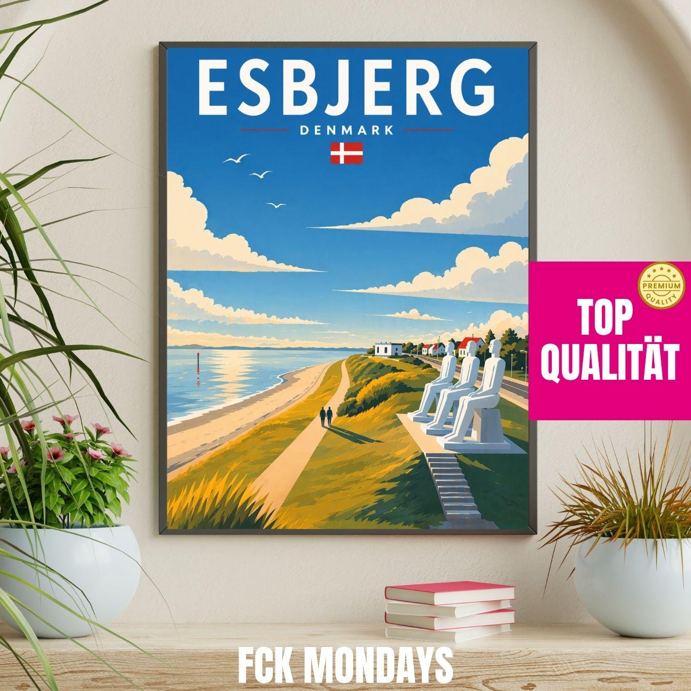 Esbjerg Poster Der Mensch am Meer – Dänemark Küstenposter – Skandinavische Wandkunst – Nordsee Sehnsucht – Travel Print Illustration Plakat