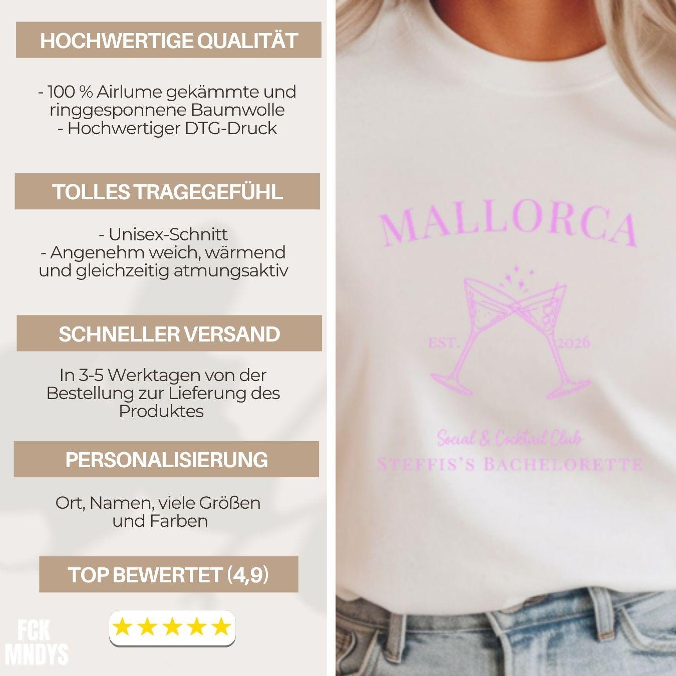 JGA Shirt personalisiert Frauen mit Ort & Name | Bachelorette Party T-Shirt, Junggesellinnenabschied Outfit | Team Bride Braut Crew Geschenk