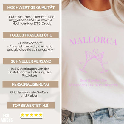 JGA Shirt personalisiert Frauen mit Ort & Name | Bachelorette Party T-Shirt, Junggesellinnenabschied Outfit | Team Bride Braut Crew Geschenk