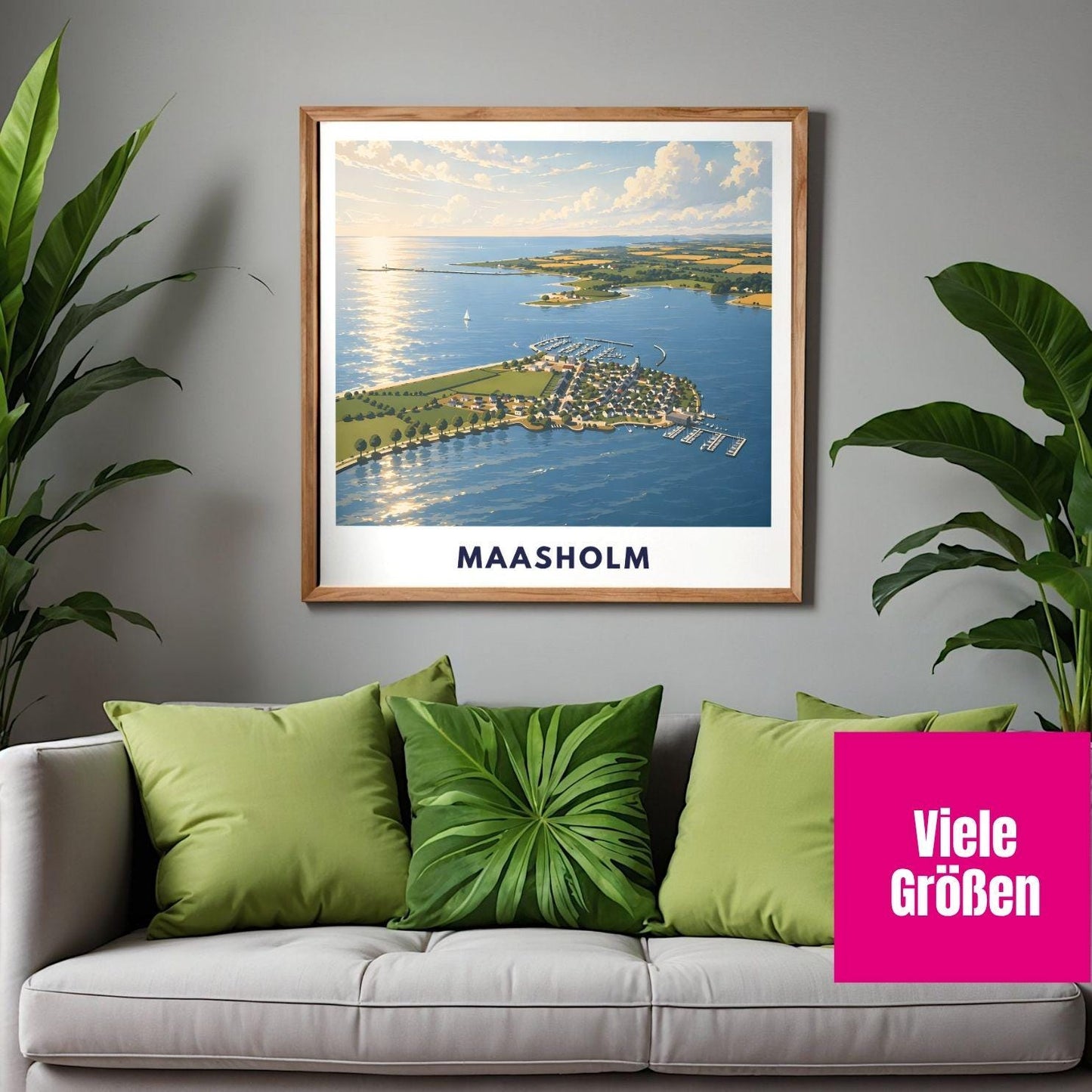 Maasholm Poster Ostsee Illustration – Küsten Landschaft Schleswig-Holstein – Hafen, Schlei & Leuchtturm – Maritime Wandkunst Norddeutschland