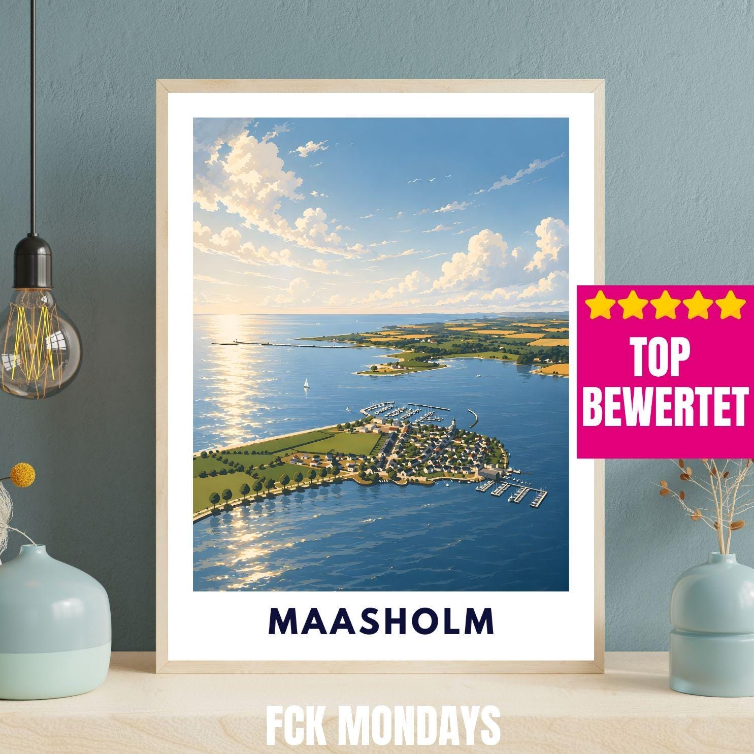 Maasholm Poster Ostsee Illustration – Küsten Landschaft Schleswig-Holstein – Hafen, Schlei & Leuchtturm – Maritime Wandkunst Norddeutschland