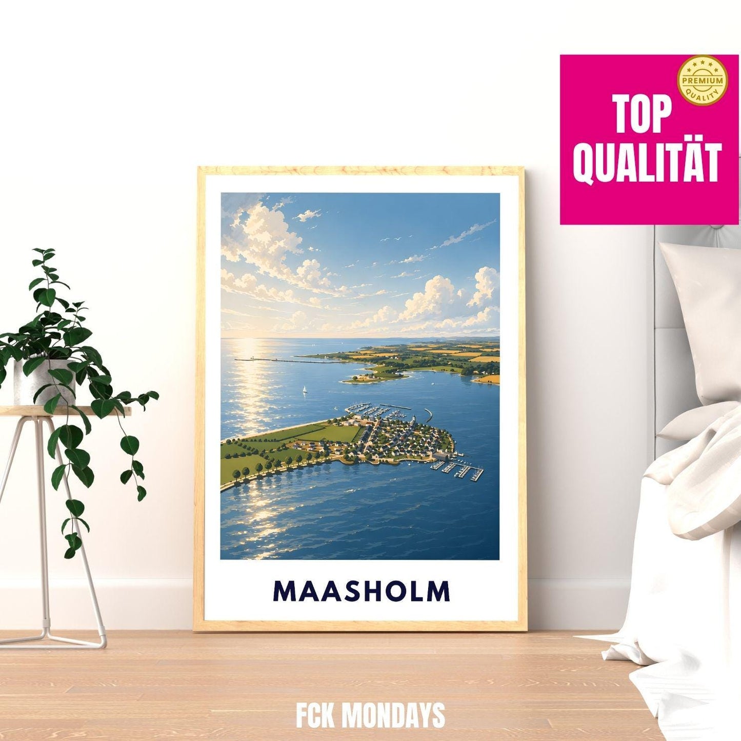 Maasholm Poster Ostsee Illustration – Küsten Landschaft Schleswig-Holstein – Hafen, Schlei & Leuchtturm – Maritime Wandkunst Norddeutschland