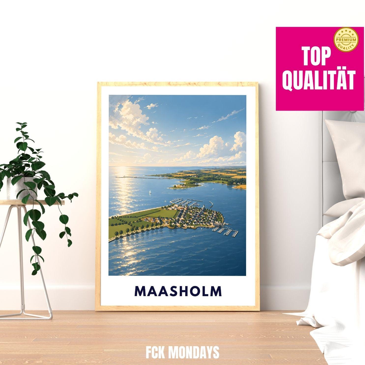 Maasholm Poster Ostsee Illustration – Küsten Landschaft Schleswig-Holstein – Hafen, Schlei & Leuchtturm – Maritime Wandkunst Norddeutschland