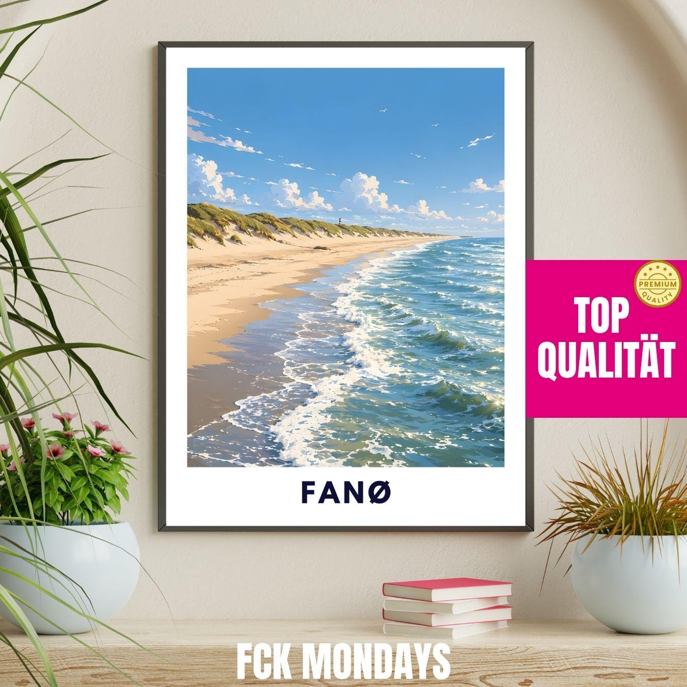 Fanø Poster Dänemark – Strand & Dünen Illustration – Nordsee Küste, Sønderho Rindby – Skandinavische Wandkunst Plakat Ferienwohnung Insel