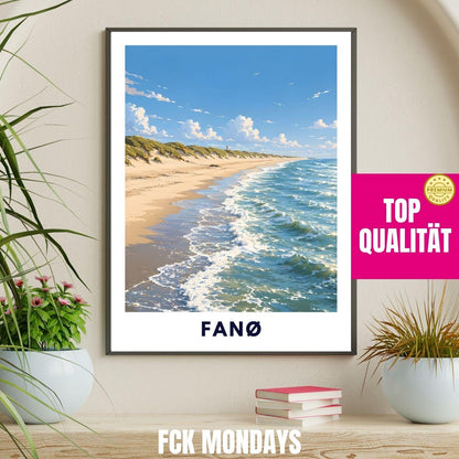 Fanø Poster Dänemark – Strand & Dünen Illustration – Nordsee Küste, Sønderho Rindby – Skandinavische Wandkunst Plakat Ferienwohnung Insel