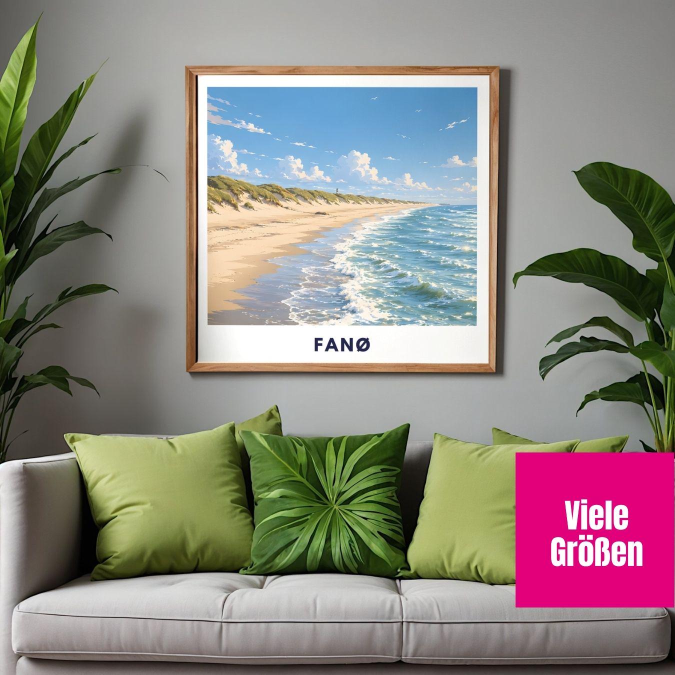 Fanø Poster Dänemark – Strand & Dünen Illustration – Nordsee Küste, Sønderho Rindby – Skandinavische Wandkunst Plakat Ferienwohnung Insel