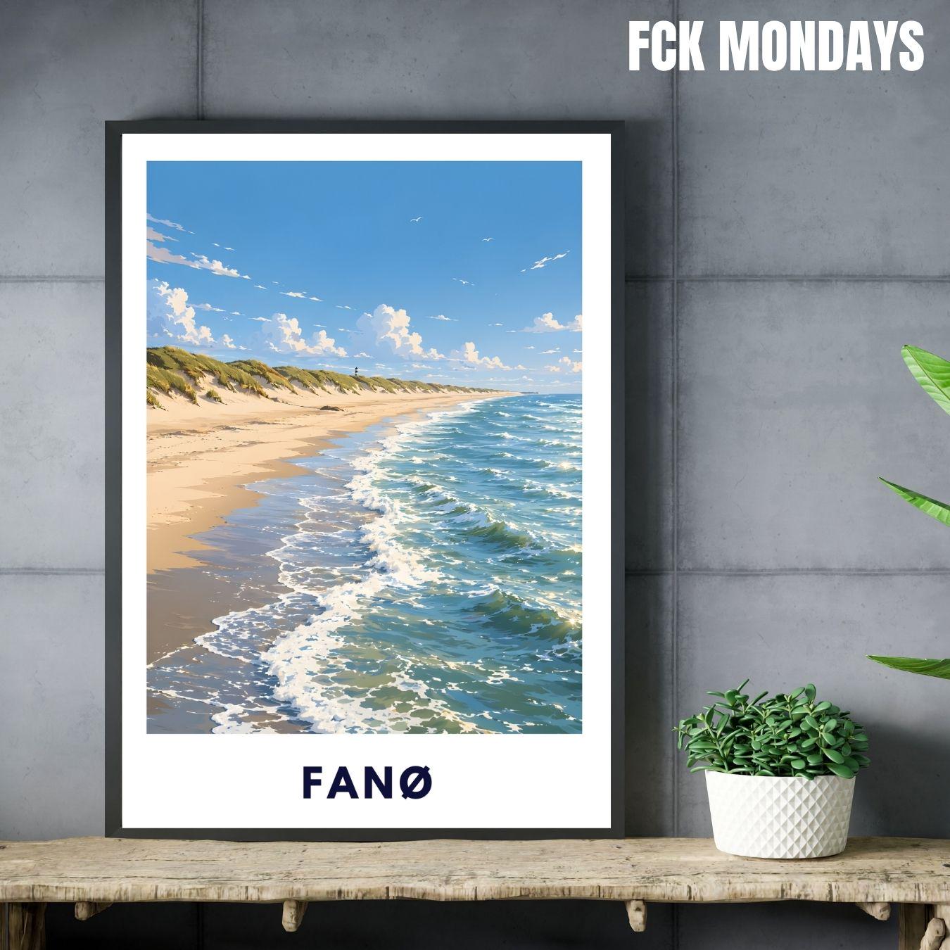 Fanø Poster Dänemark – Strand & Dünen Illustration – Nordsee Küste, Sønderho Rindby – Skandinavische Wandkunst Plakat Ferienwohnung Insel