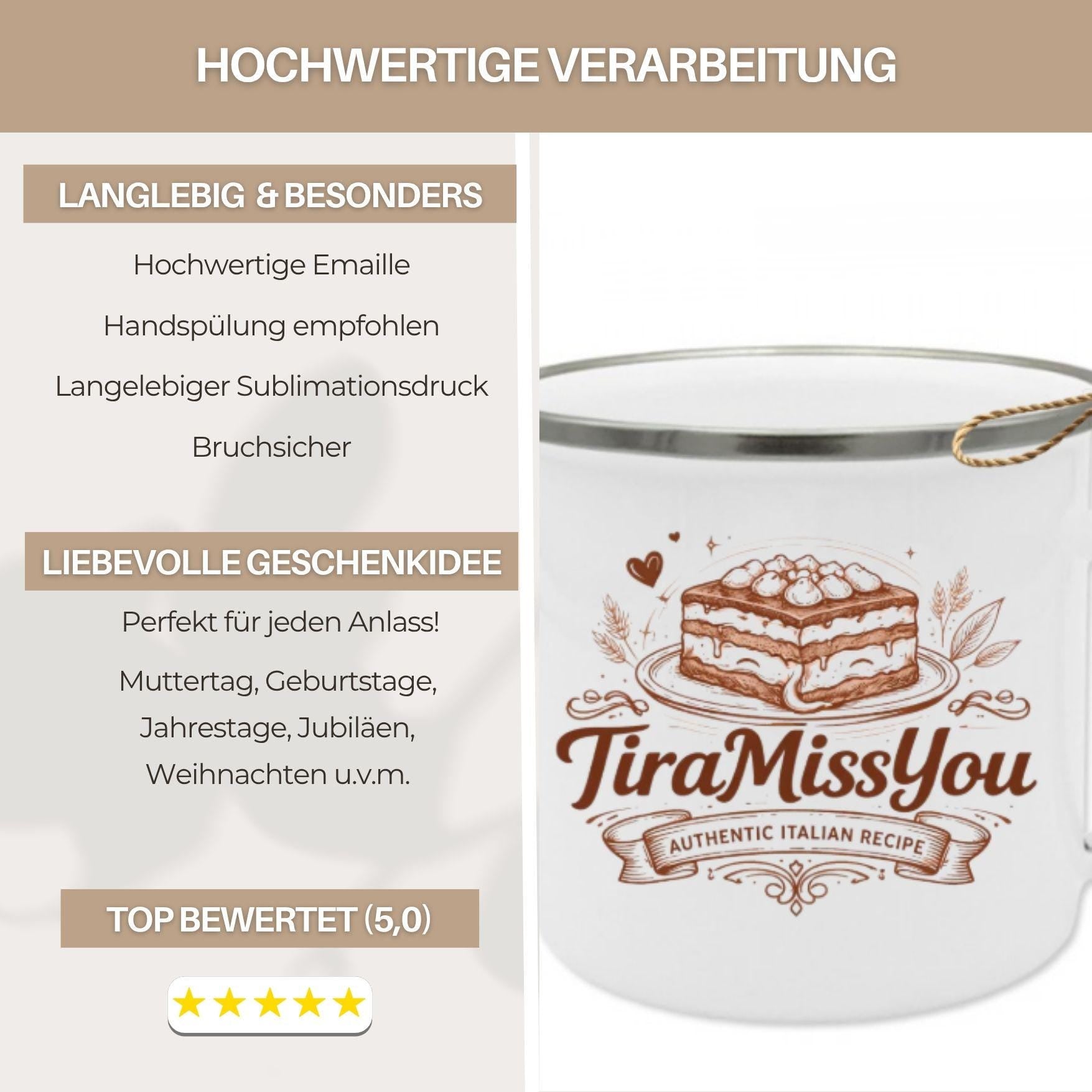TiraMissYou Emaille Tasse | Lustiger Liebesbecher Spruch | Geschenk Freundin, Freund & Partner Kaffee Becher Beziehung | Valentinstag