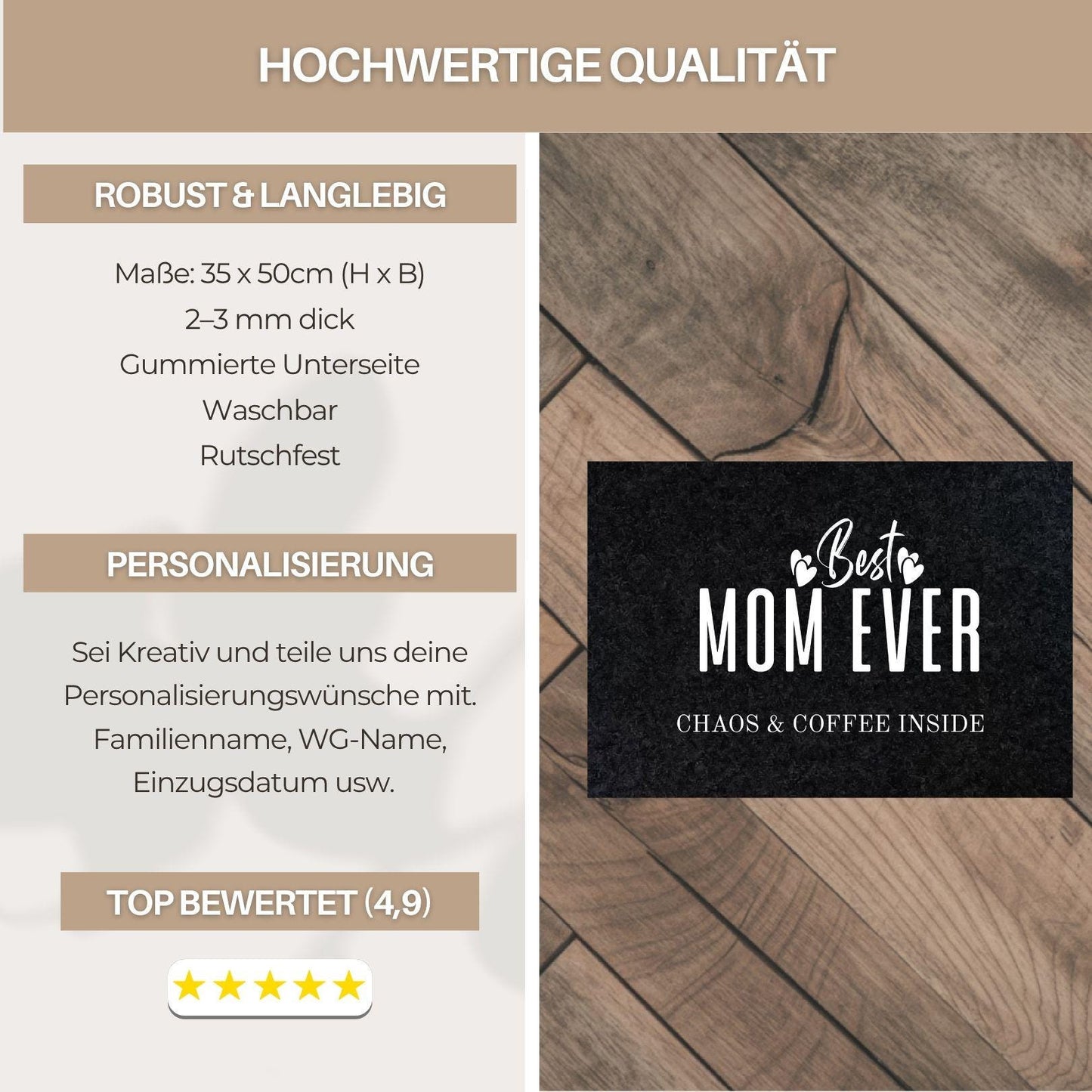 Fußmatte Best Mom Ever – Chaos & Coffee | Lustige Türmatte Mütter | Geschenk für Mutter | Welcome Doormat Türvorleger Muttertag Gummirand