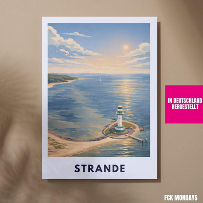 Strande Kiel Lighthouse Poster | Baltic Sea Wall Art | Kiel Fjord Print | Germany Travel Poster | Coastal Scandinavian Illustration
