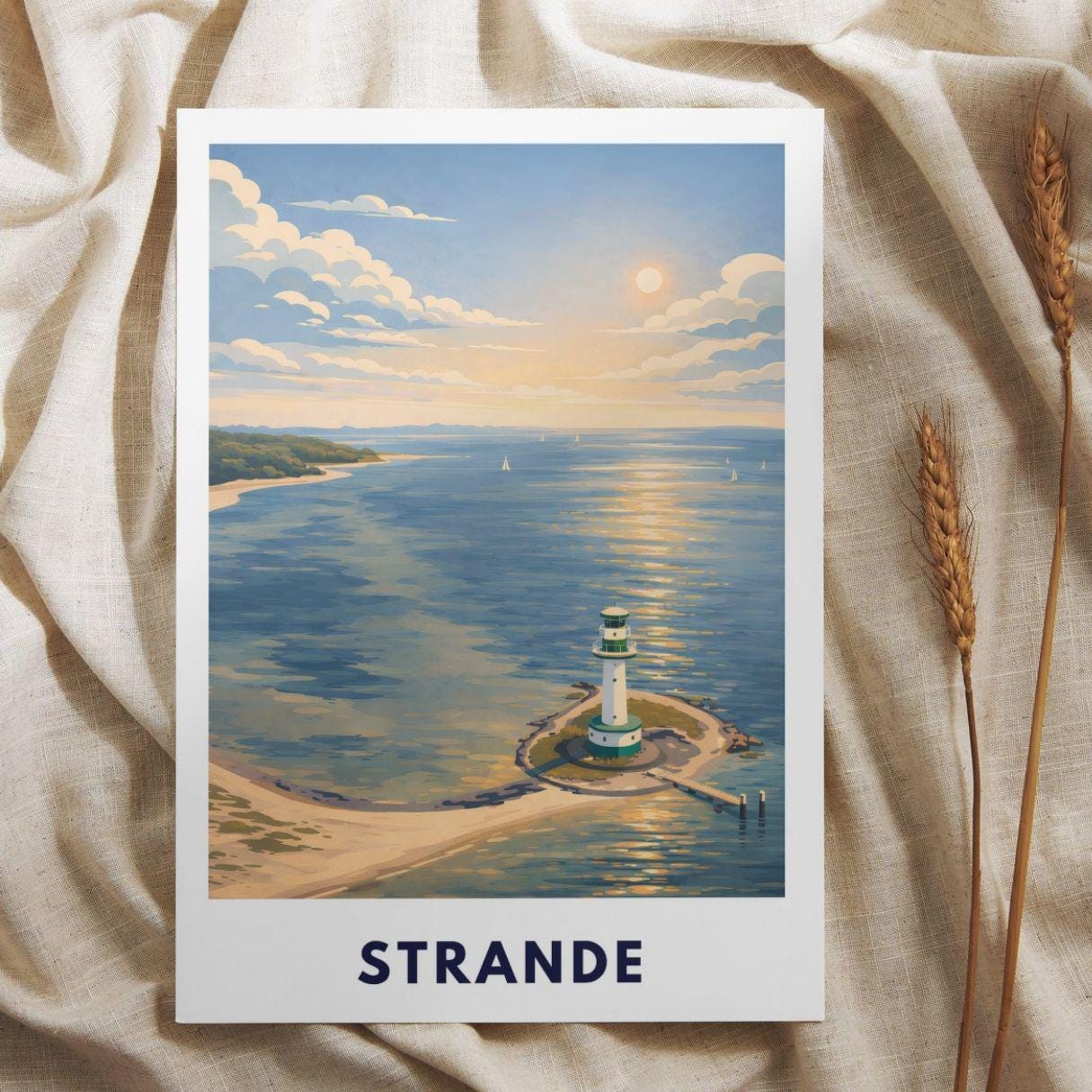 Strande Kiel Lighthouse Poster | Baltic Sea Wall Art | Kiel Fjord Print | Germany Travel Poster | Coastal Scandinavian Illustration