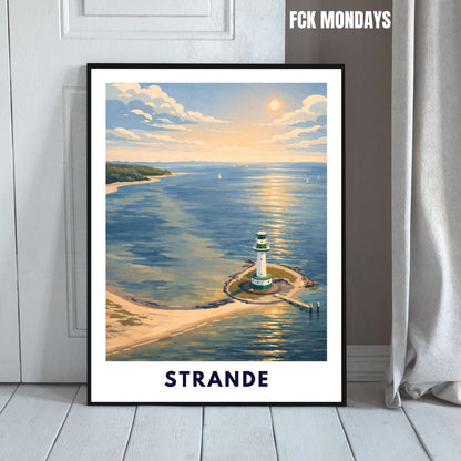 Strande Kiel Lighthouse Poster | Baltic Sea Wall Art | Kiel Fjord Print | Germany Travel Poster | Coastal Scandinavian Illustration