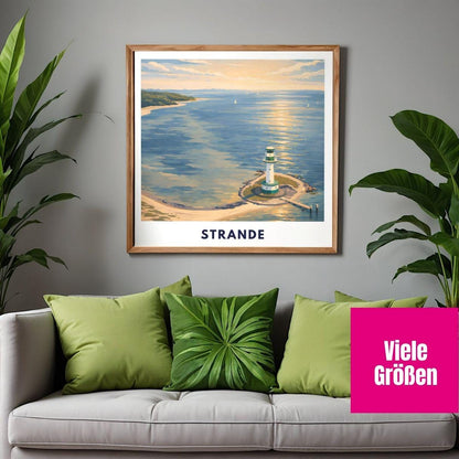 Strande Kiel Lighthouse Poster | Baltic Sea Wall Art | Kiel Fjord Print | Germany Travel Poster | Coastal Scandinavian Illustration
