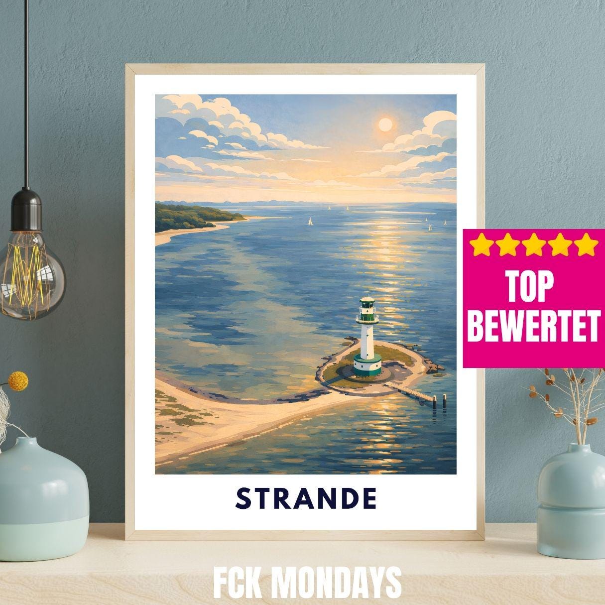 Strande Kiel Lighthouse Poster | Baltic Sea Wall Art | Kiel Fjord Print | Germany Travel Poster | Coastal Scandinavian Illustration