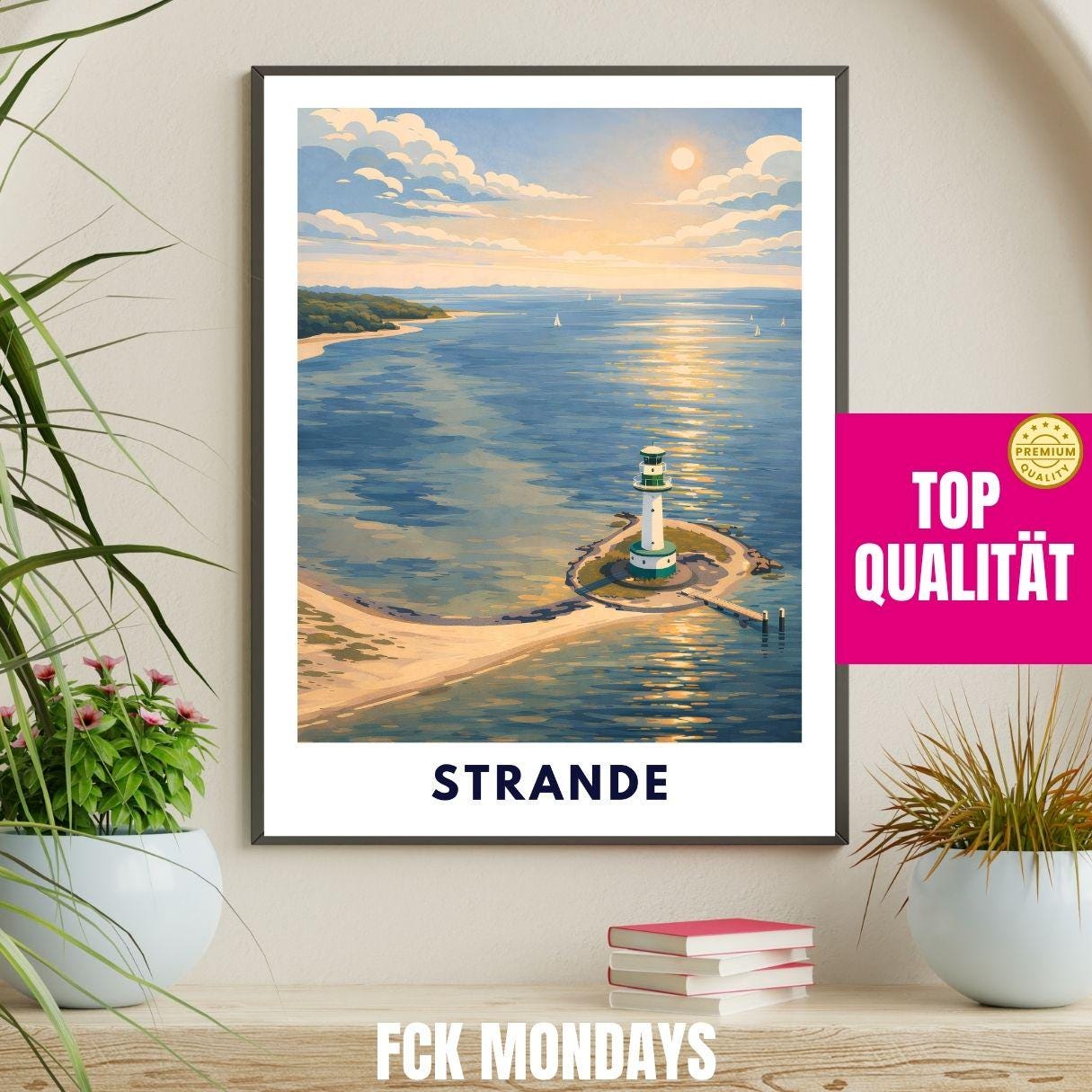 Strande Kiel Lighthouse Poster | Baltic Sea Wall Art | Kiel Fjord Print | Germany Travel Poster | Coastal Scandinavian Illustration