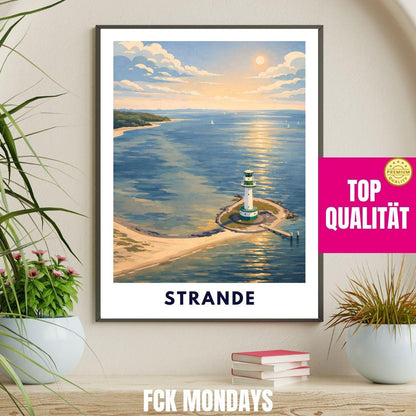 Strande Kiel Lighthouse Poster | Baltic Sea Wall Art | Kiel Fjord Print | Germany Travel Poster | Coastal Scandinavian Illustration