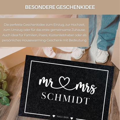 Personalisierte Fußmatte Mr & Mrs mit Name | Hochzeitsgeschenk Türmatte individuell | Eingangsbereich Matte Hochzeit Geschenk Gummirand