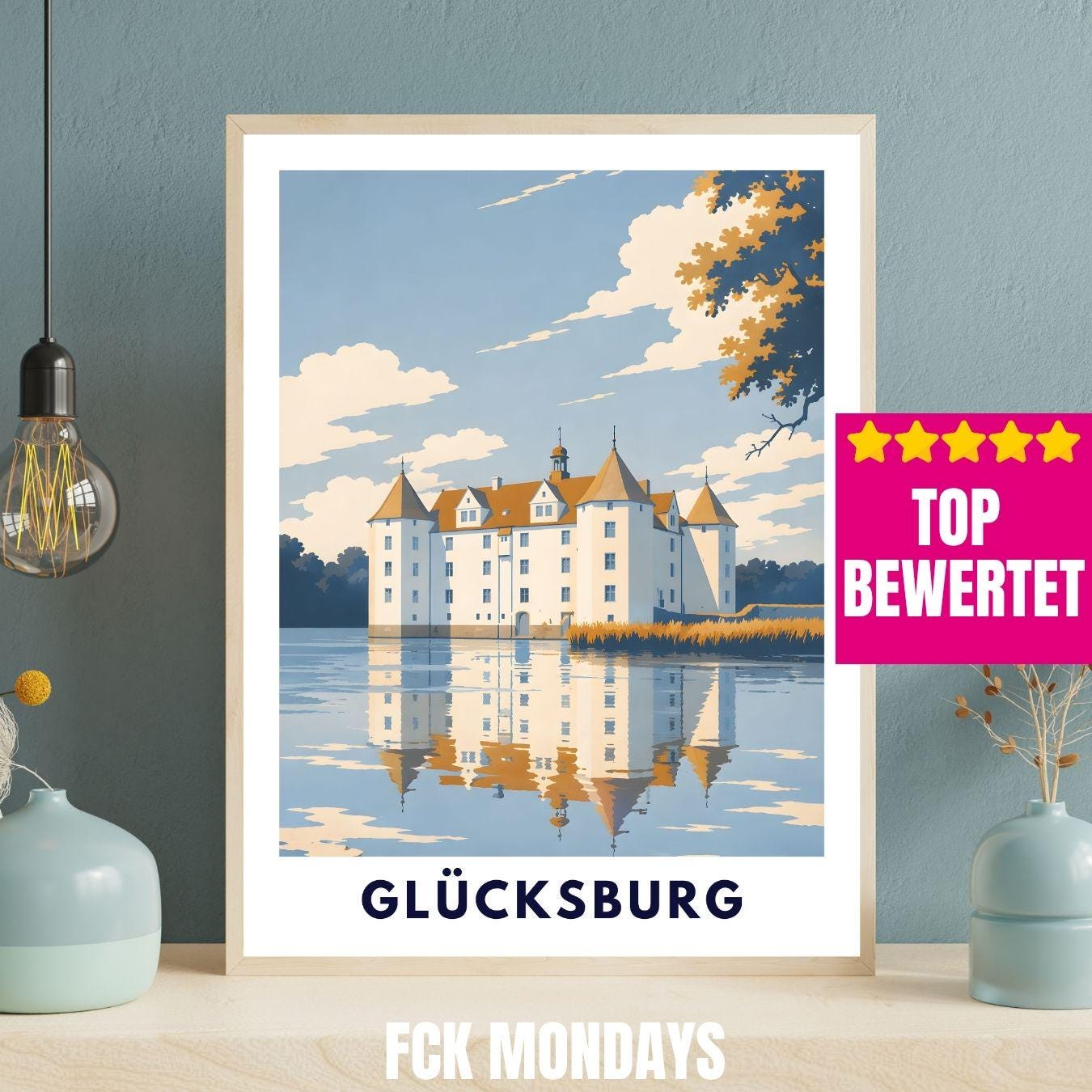 Glücksburg Poster Schloss Print Skandinavische Wandkunst Minimalistisches Landschaftsposter Deutschland Norddeutschland Deko Illustration