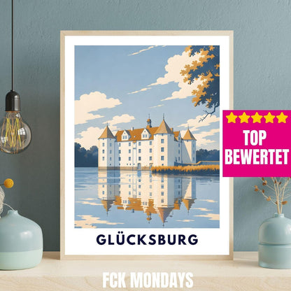 Glücksburg Poster Schloss Print Skandinavische Wandkunst Minimalistisches Landschaftsposter Deutschland Norddeutschland Deko Illustration
