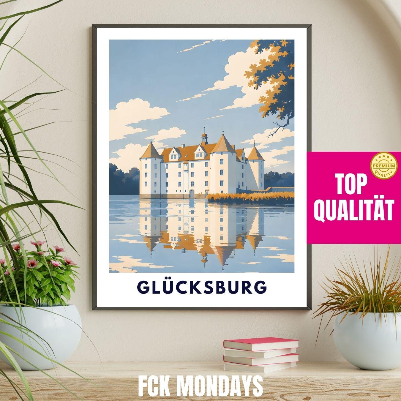 Glücksburg Poster Schloss Print Skandinavische Wandkunst Minimalistisches Landschaftsposter Deutschland Norddeutschland Deko Illustration