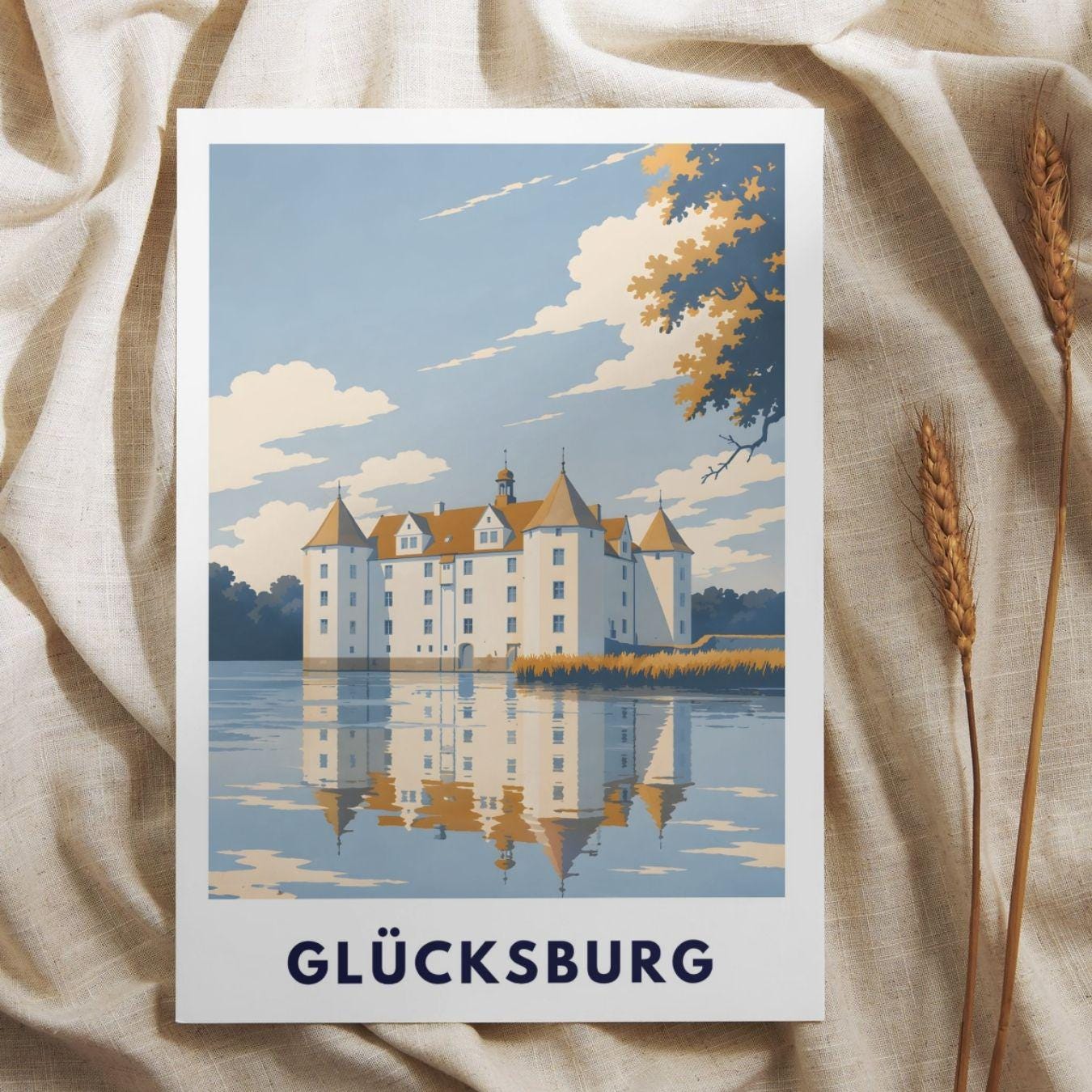 Glücksburg Poster Schloss Print Skandinavische Wandkunst Minimalistisches Landschaftsposter Deutschland Norddeutschland Deko Illustration
