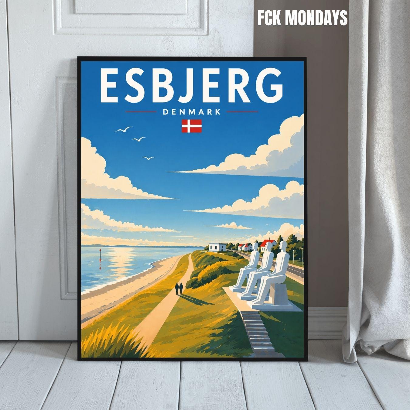 Esbjerg Poster Der Mensch am Meer – Dänemark Küstenposter – Skandinavische Wandkunst – Nordsee Sehnsucht – Travel Print Illustration Plakat