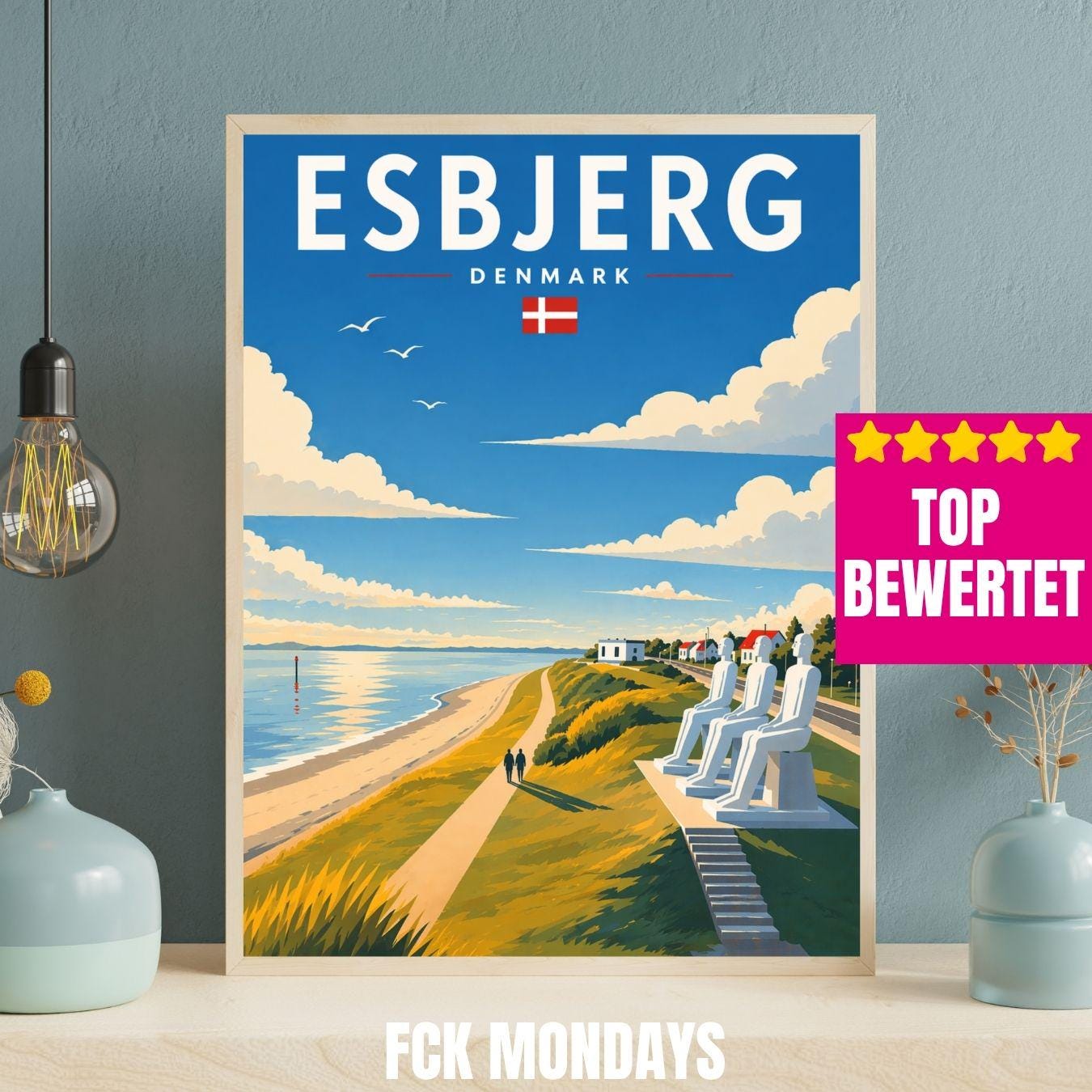 Esbjerg Poster Der Mensch am Meer – Dänemark Küstenposter – Skandinavische Wandkunst – Nordsee Sehnsucht – Travel Print Illustration Plakat