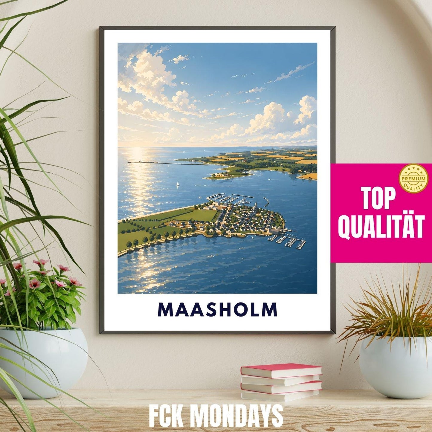 Maasholm Poster Ostsee Illustration – Küsten Landschaft Schleswig-Holstein – Hafen, Schlei & Leuchtturm – Maritime Wandkunst Norddeutschland