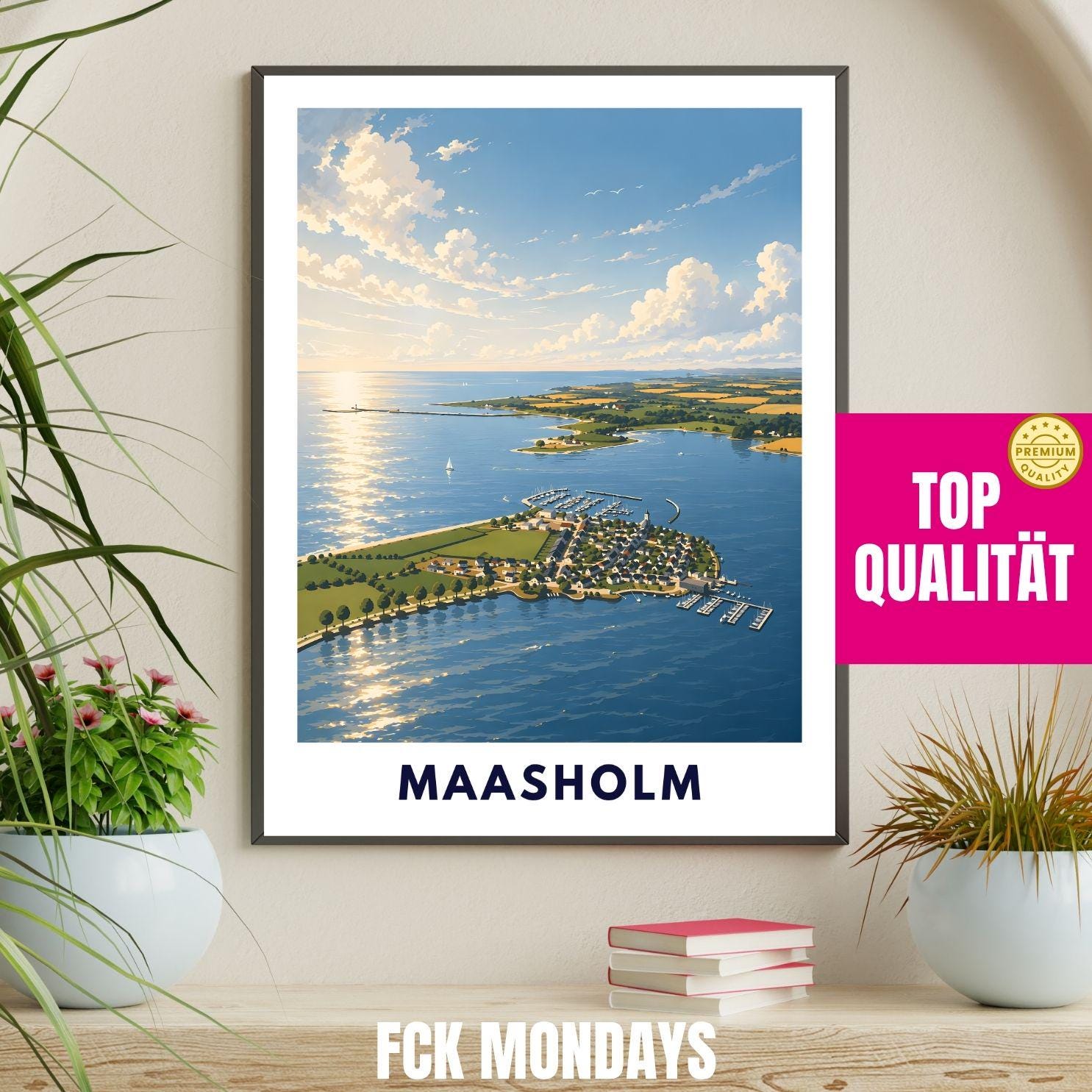Maasholm Poster Ostsee Illustration – Küsten Landschaft Schleswig-Holstein – Hafen, Schlei & Leuchtturm – Maritime Wandkunst Norddeutschland