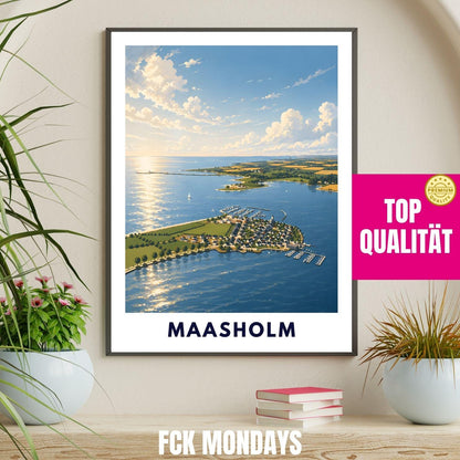 Maasholm Poster Ostsee Illustration – Küsten Landschaft Schleswig-Holstein – Hafen, Schlei & Leuchtturm – Maritime Wandkunst Norddeutschland