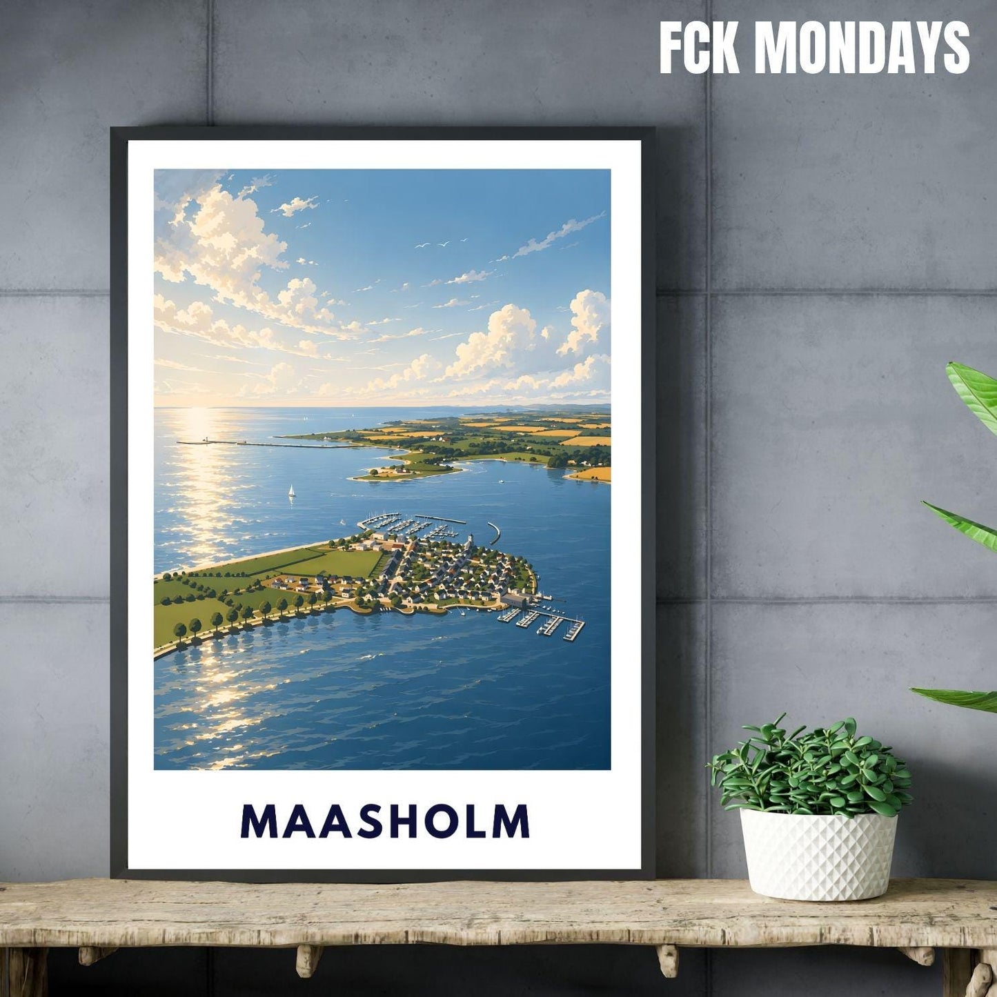 Maasholm Poster Ostsee Illustration – Küsten Landschaft Schleswig-Holstein – Hafen, Schlei & Leuchtturm – Maritime Wandkunst Norddeutschland