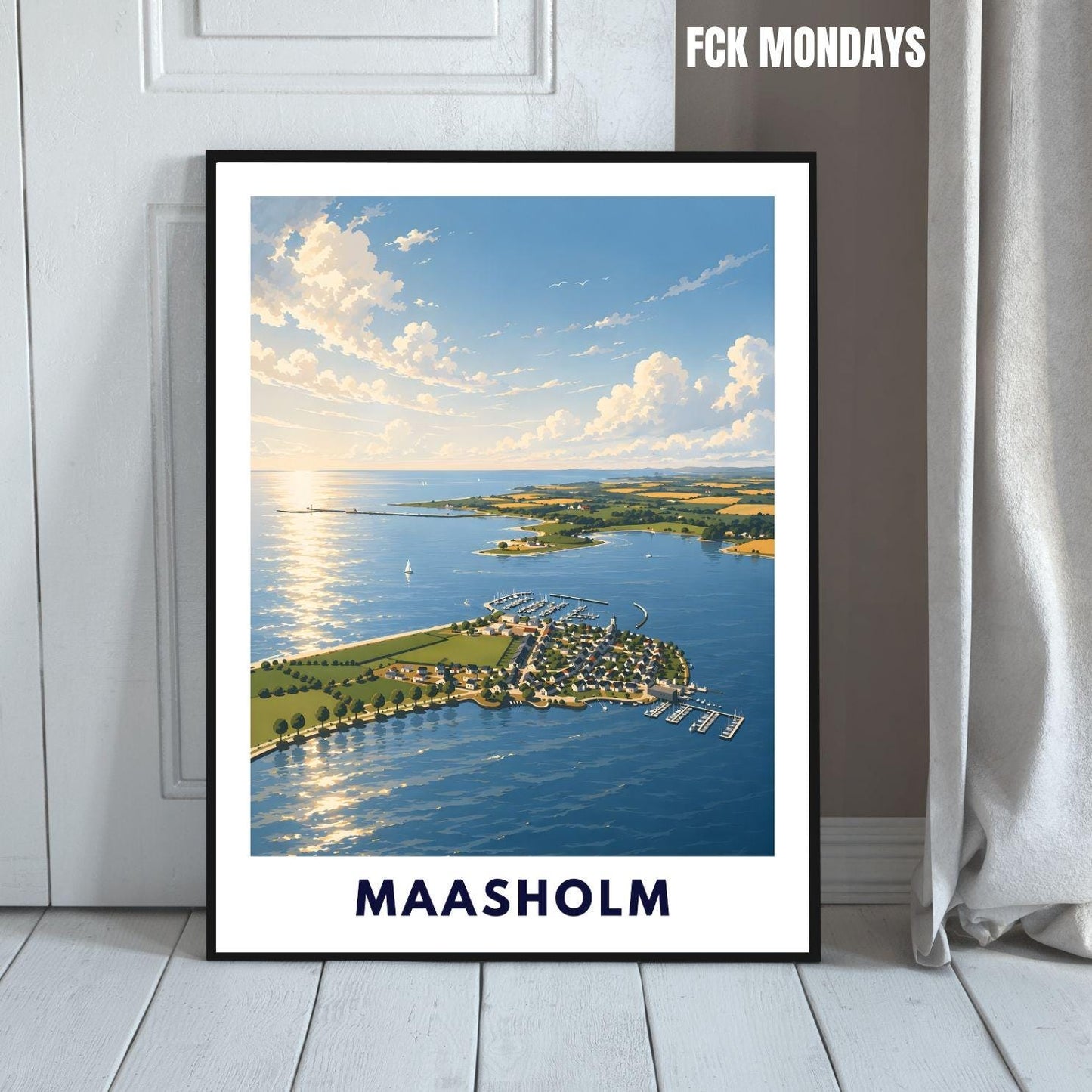 Maasholm Poster Ostsee Illustration – Küsten Landschaft Schleswig-Holstein – Hafen, Schlei & Leuchtturm – Maritime Wandkunst Norddeutschland