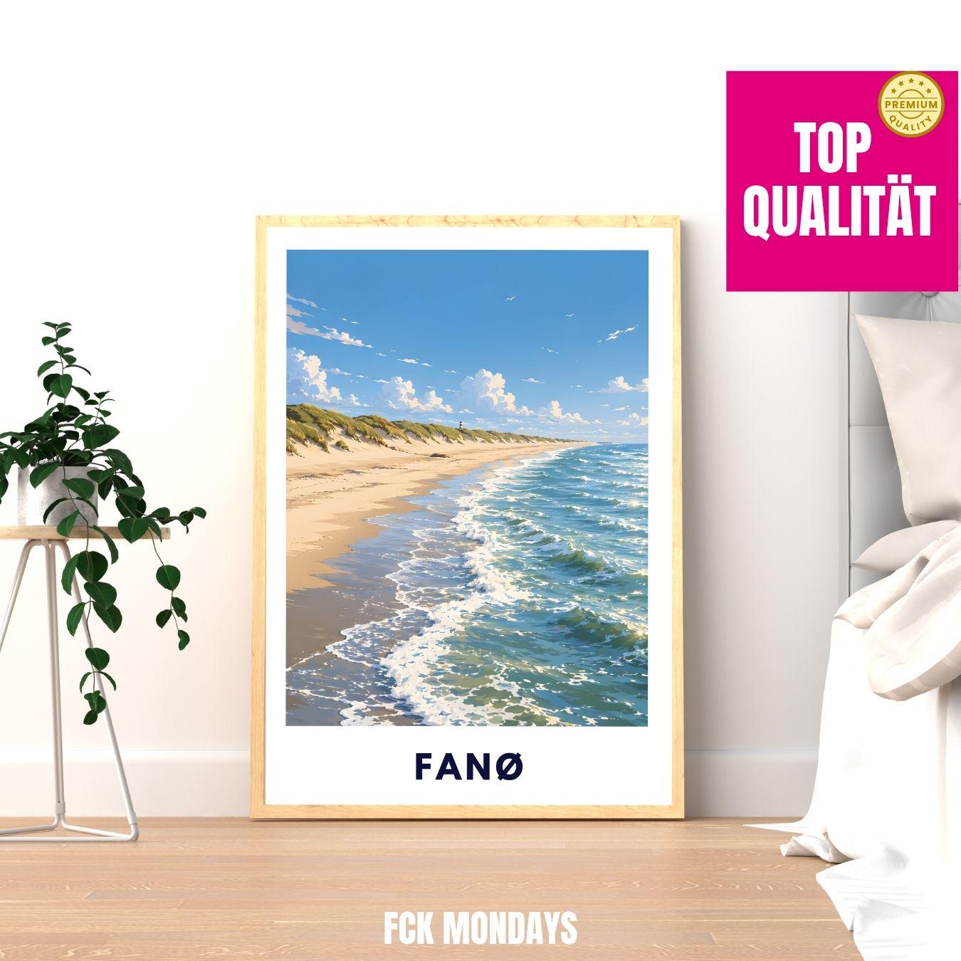 Fanø Poster Dänemark – Strand & Dünen Illustration – Nordsee Küste, Sønderho Rindby – Skandinavische Wandkunst Plakat Ferienwohnung Insel