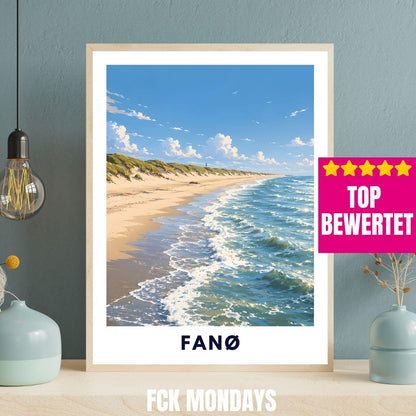 Fanø Poster Dänemark – Strand & Dünen Illustration – Nordsee Küste, Sønderho Rindby – Skandinavische Wandkunst Plakat Ferienwohnung Insel