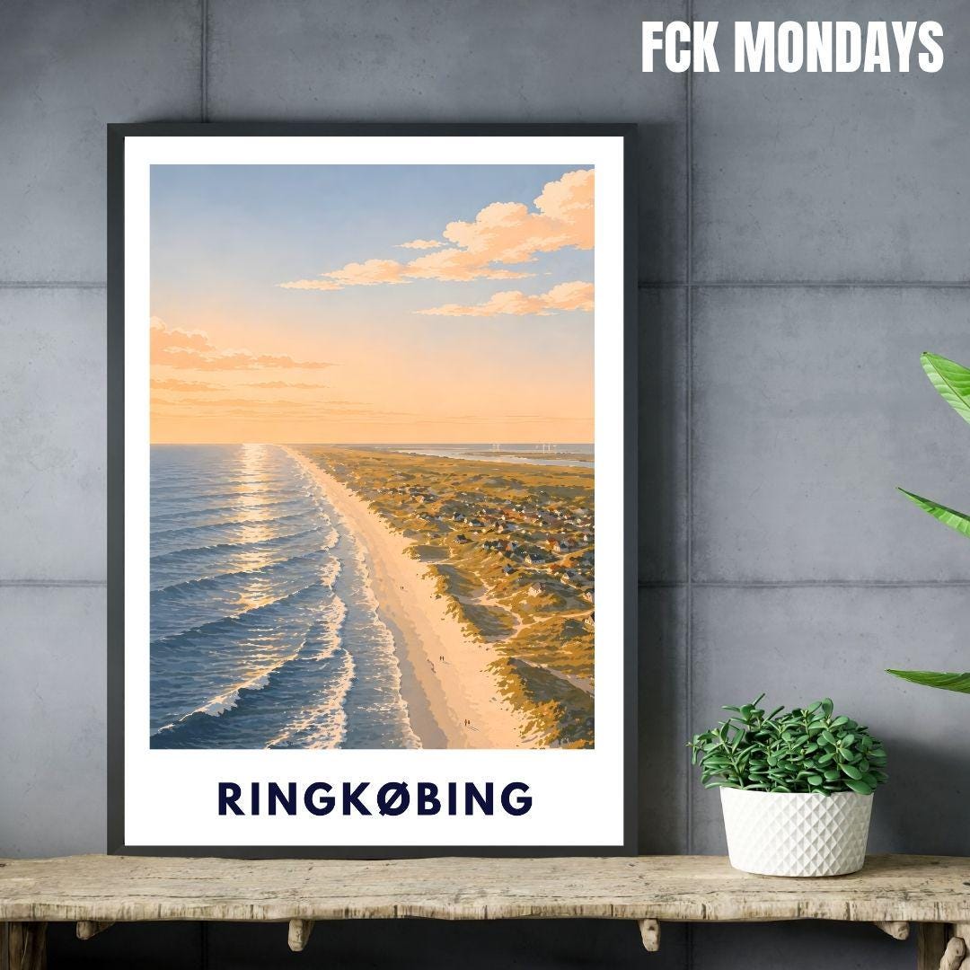 Ringkøbing Poster Dänemark Strand Nordsee Sonnenuntergang Küste Urlaub Vintage Art Print Skandinavien Wandbild Meer Fjord Hafenstadt