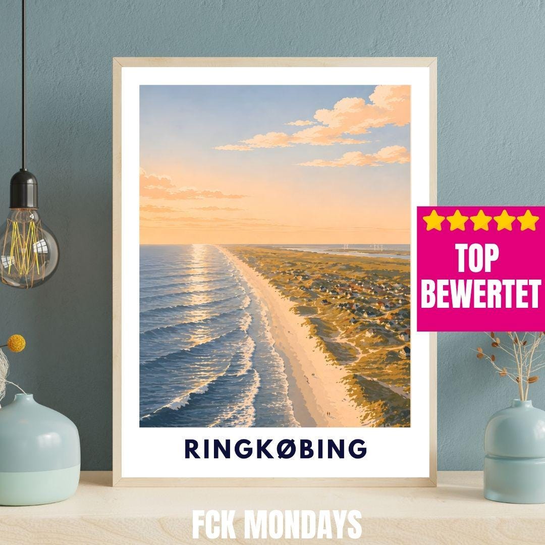 Ringkøbing Poster Dänemark Strand Nordsee Sonnenuntergang Küste Urlaub Vintage Art Print Skandinavien Wandbild Meer Fjord Hafenstadt
