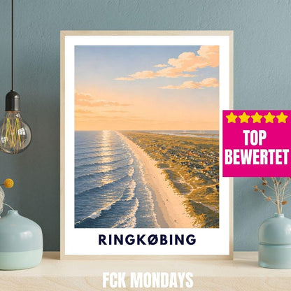 Ringkøbing Poster Dänemark Strand Nordsee Sonnenuntergang Küste Urlaub Vintage Art Print Skandinavien Wandbild Meer Fjord Hafenstadt