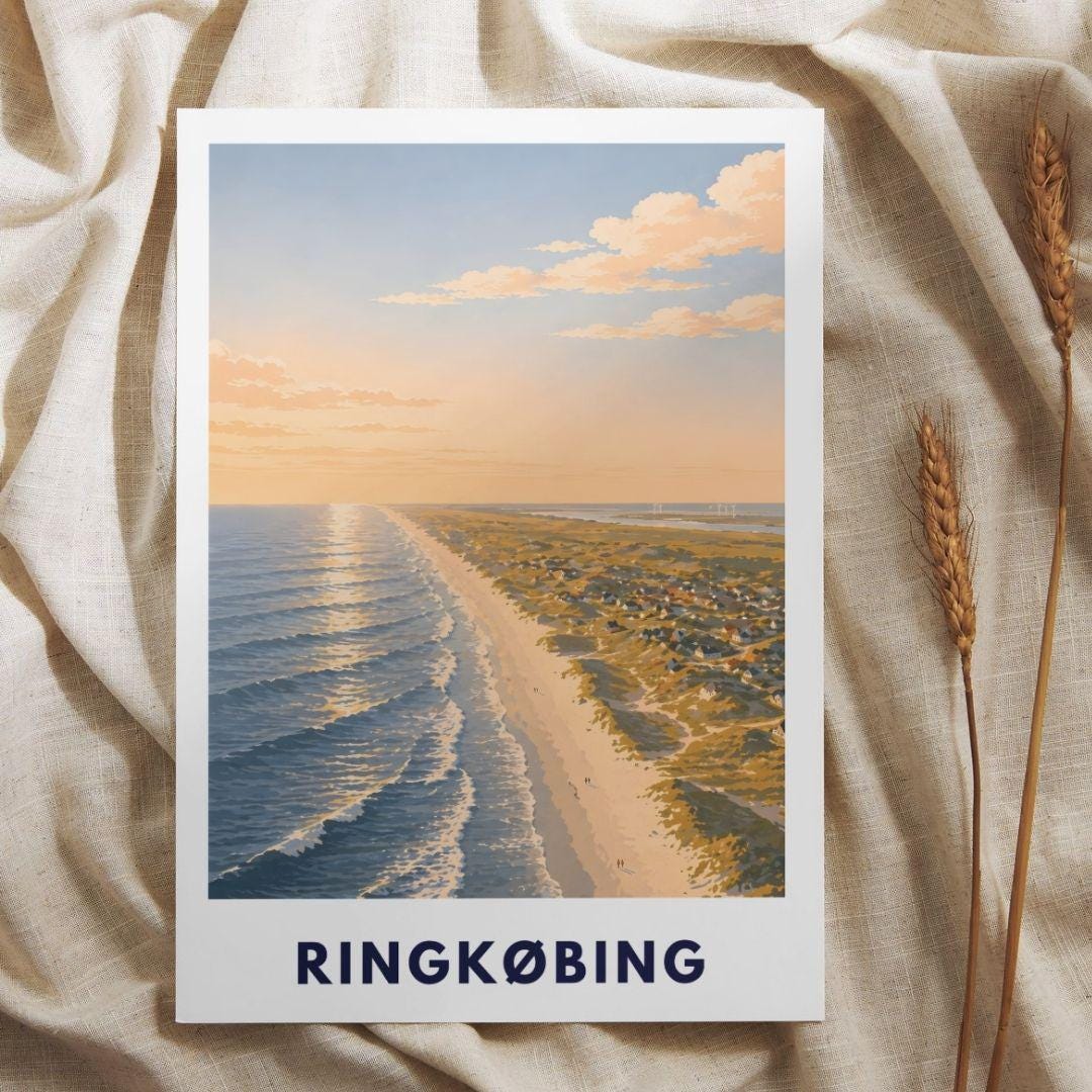 Ringkøbing Poster Dänemark Strand Nordsee Sonnenuntergang Küste Urlaub Vintage Art Print Skandinavien Wandbild Meer Fjord Hafenstadt