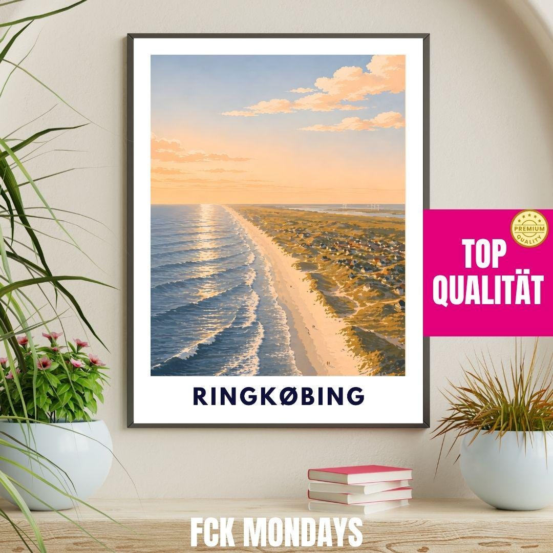 Ringkøbing Poster Dänemark Strand Nordsee Sonnenuntergang Küste Urlaub Vintage Art Print Skandinavien Wandbild Meer Fjord Hafenstadt