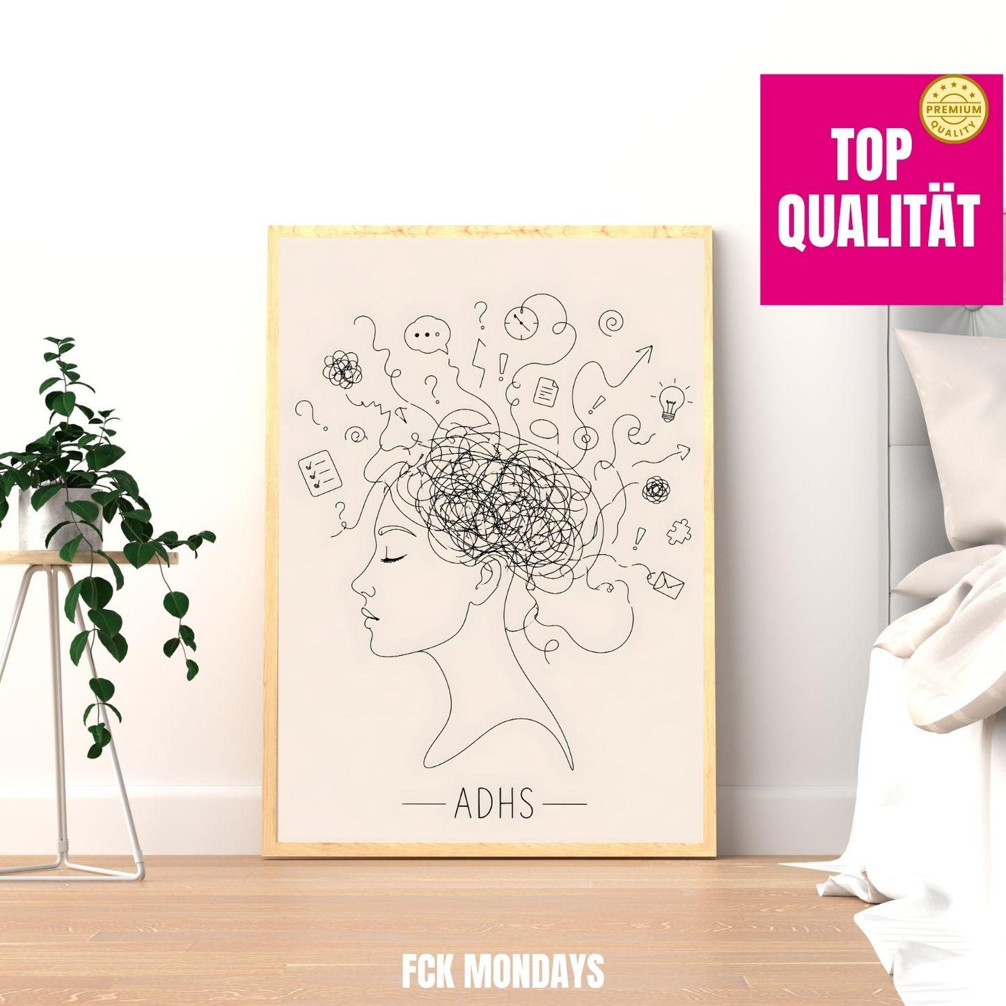 ADHS Poster Line Art minimalistisch | Neurodiversität Wandbild | Gedankenchaos Kopf Illustration | Mental Health Deko | ADHD Geschenk