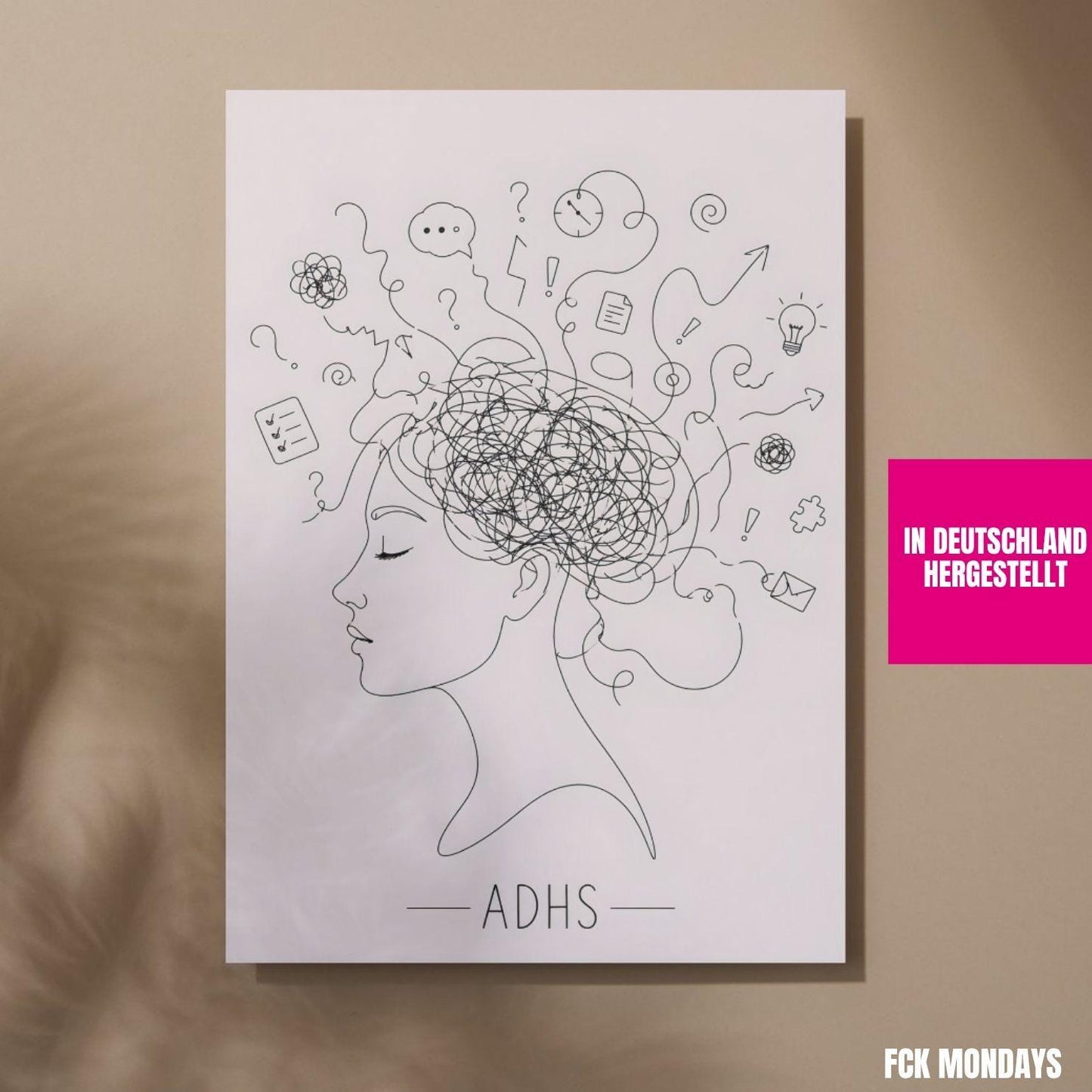 ADHS Poster Line Art minimalistisch | Neurodiversität Wandbild | Gedankenchaos Kopf Illustration | Mental Health Deko | ADHD Geschenk