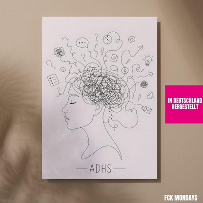 ADHS Poster Line Art minimalistisch | Neurodiversität Wandbild | Gedankenchaos Kopf Illustration | Mental Health Deko | ADHD Geschenk